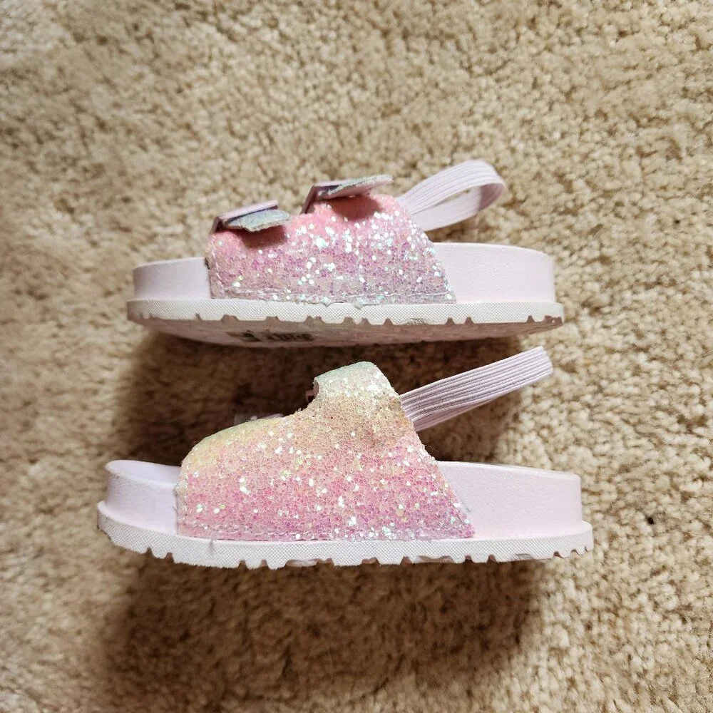 First Steps Toddle Girls' Sandals Slip On Double Buckle Slide Pink Glitter Sz: 5